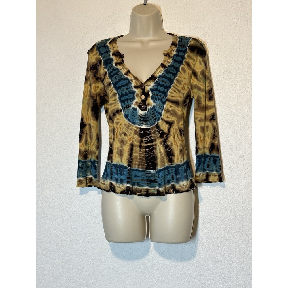 Y2K‎ Henley Rib Knit Tie Dye Top Boho Festival Retro Hippie Size Small